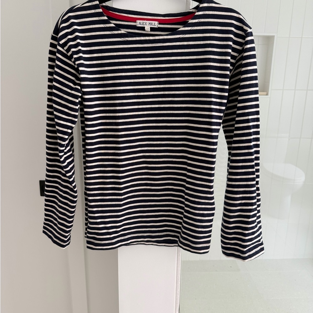Alex Mill Navy and White Striped Long-Sleeve Tee with Red Trim